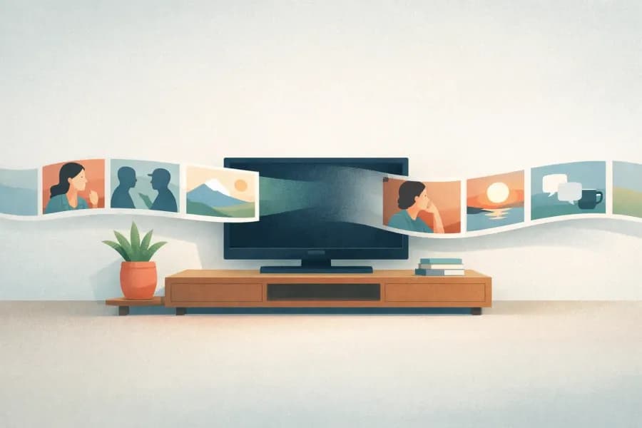 A television with a row of videos flowing through it