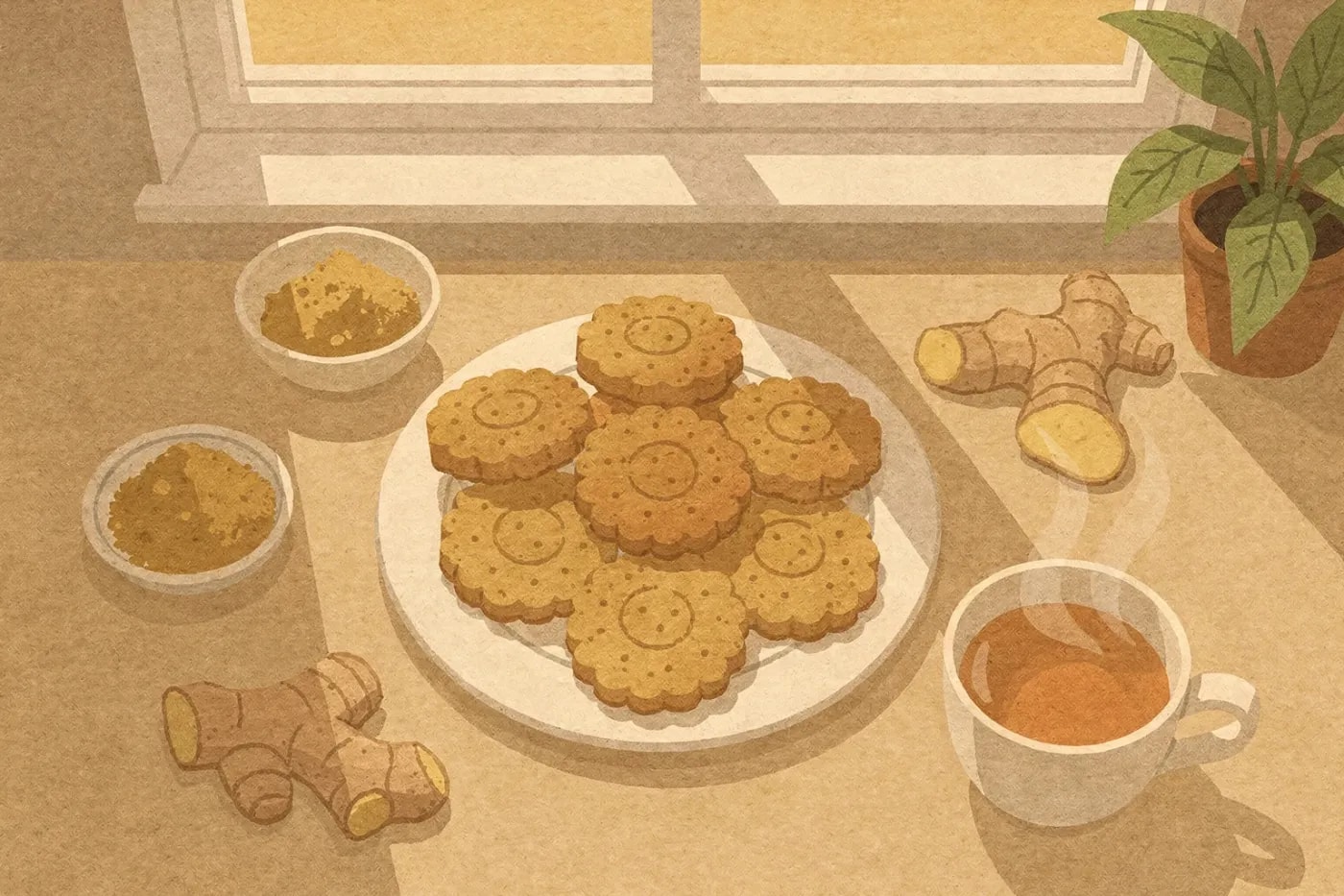 Overhead view of a plate of golden ginger biscuits on a kitchen countertop, surrounded by baking ingredients and a cup of herbal tea.