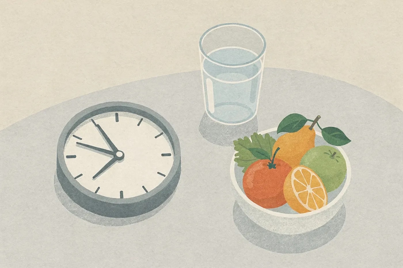 Overhead view of a tabletop with an analog clock, a glass of water, and a bowl of fruit.