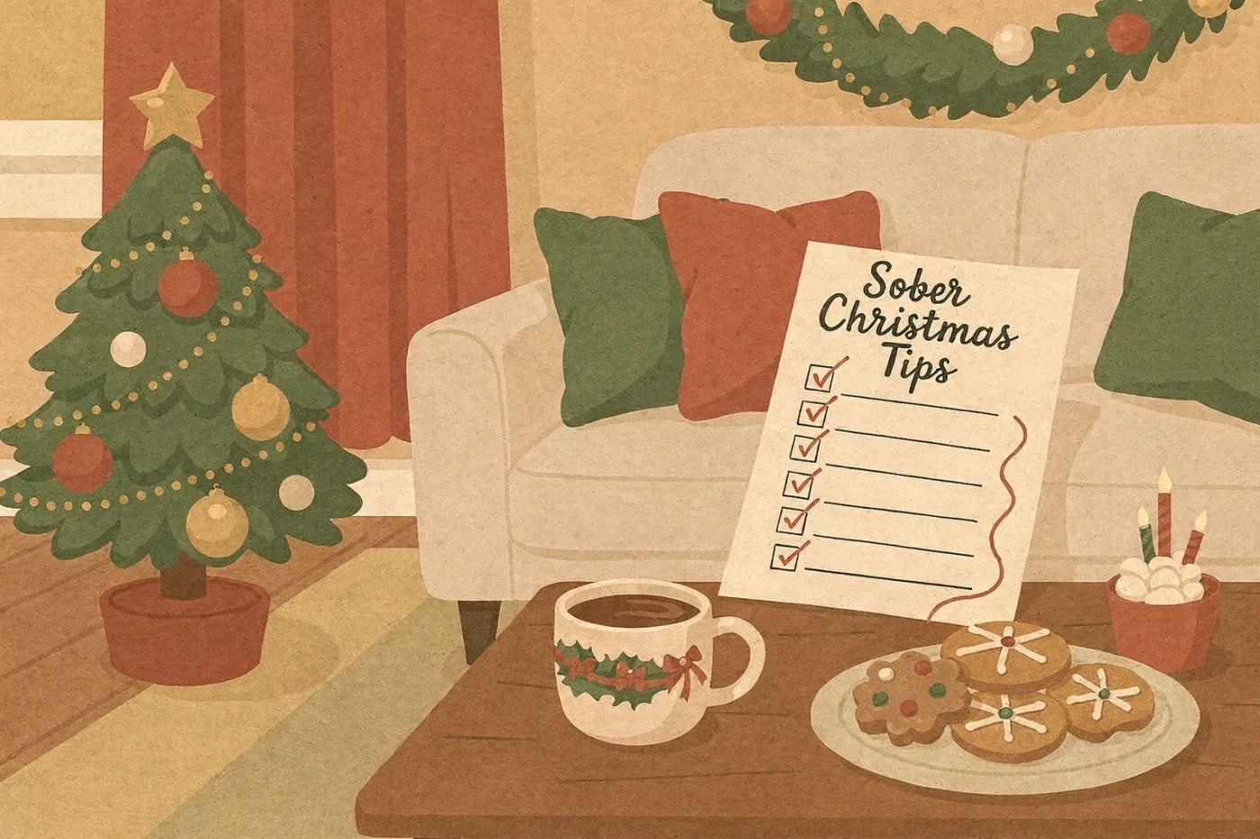 A cozy living room decorated for Christmas with a sofa, small Christmas tree, and a coffee table holding a mug of hot chocolate, holiday cookies, and a handwritten checklist.