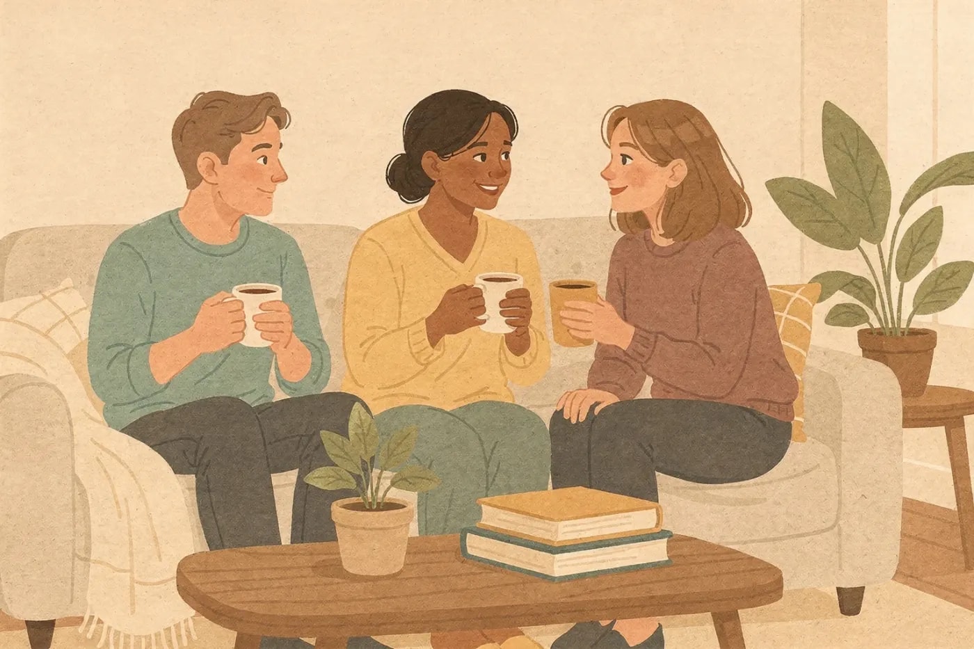 Three people sit together in a cozy living room, sharing warm drinks and conversation. A blanket, books, and a potted plant are on the coffee table, creating a comforting atmosphere.