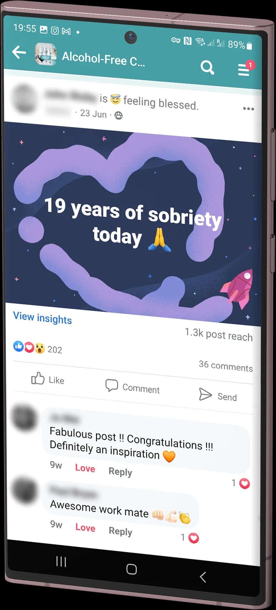 Mobile phone showing the Alcohol-Free Community group on Facebook
