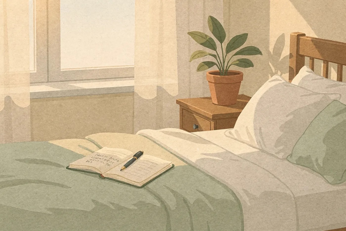 A neatly made bed with a journal and pen, a potted plant on the nightstand, and soft morning light coming through a window.