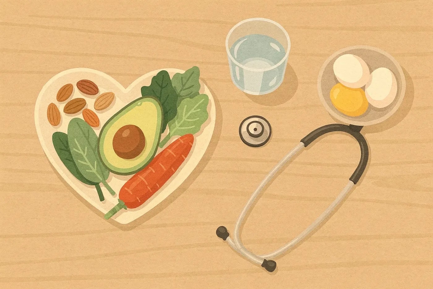 Overhead view of a kitchen table with a heart-shaped plate of healthy food, a glass of water, eggs, and a stethoscope.