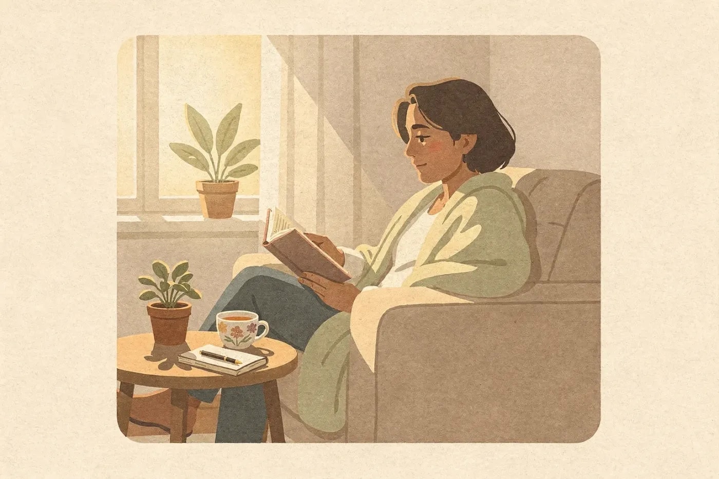 A person sits in a cozy living room reading nook with a book, blanket, and cup of herbal tea. Sunlight streams through a window onto a side table with a potted plant and journal.