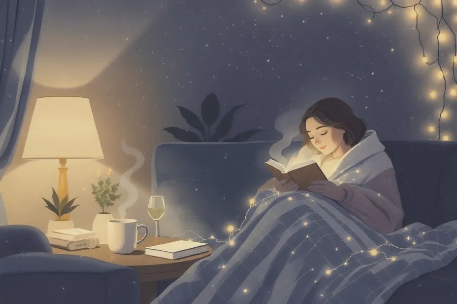 Person reading on a couch with a blanket and a steaming mug, surrounded by soft lights in a cozy living room.