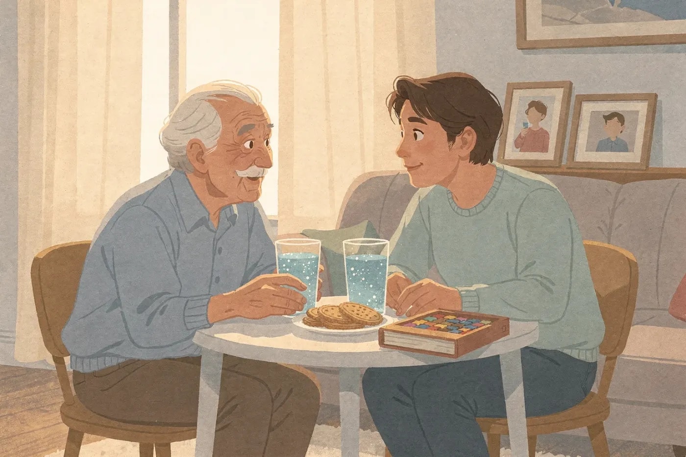 Elderly parent and adult child sit together in a cozy living room, sharing sparkling water and biscuits at a small table. A puzzle box and photo album are nearby, sunlight streams through curtains.