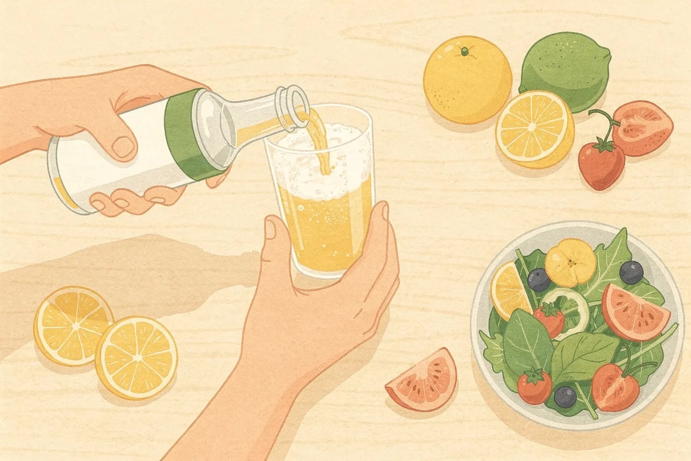 Overhead view of a kitchen countertop with a person pouring a clear alcohol-free drink into a glass, surrounded by fresh fruit and salad