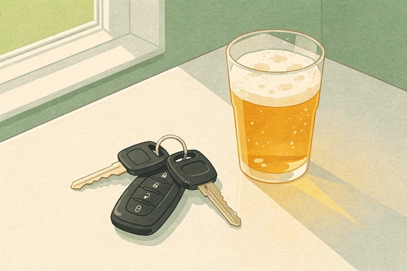 Car keys and a glass of sparkling water with lemon on a kitchen table in sunlight