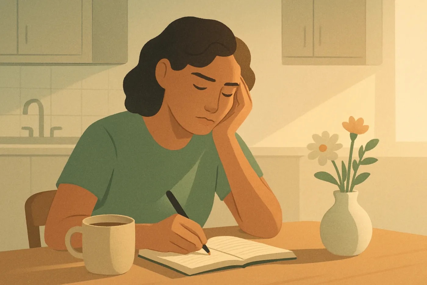 Person journaling at a kitchen table in the morning, with a mug of herbal tea, a glass of sparkling water, and fresh flowers nearby.