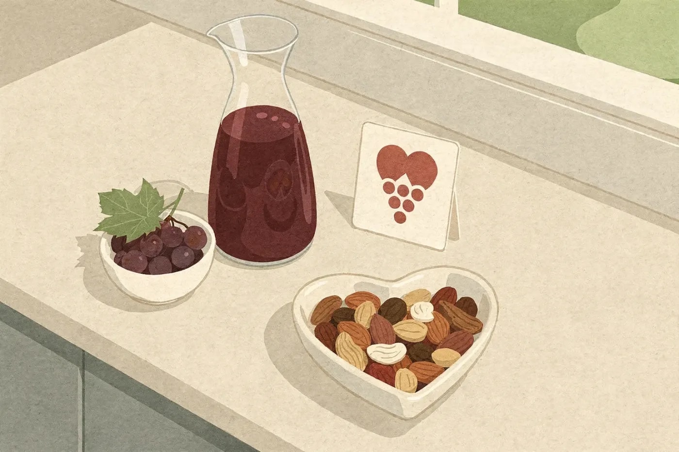 Overhead view of a kitchen counter with a carafe of red grape juice, a bowl of grapes, a heart-shaped dish of nuts, and an info card with a heart and grape icon.