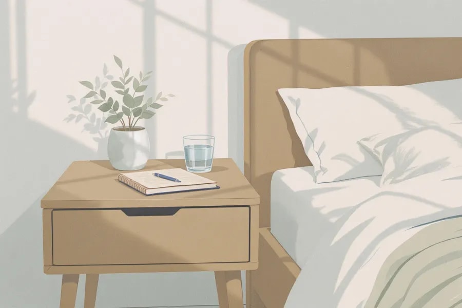 A neatly made bed with a nightstand holding a closed journal, pen, small plant, and a glass of water, all lit by gentle morning light.