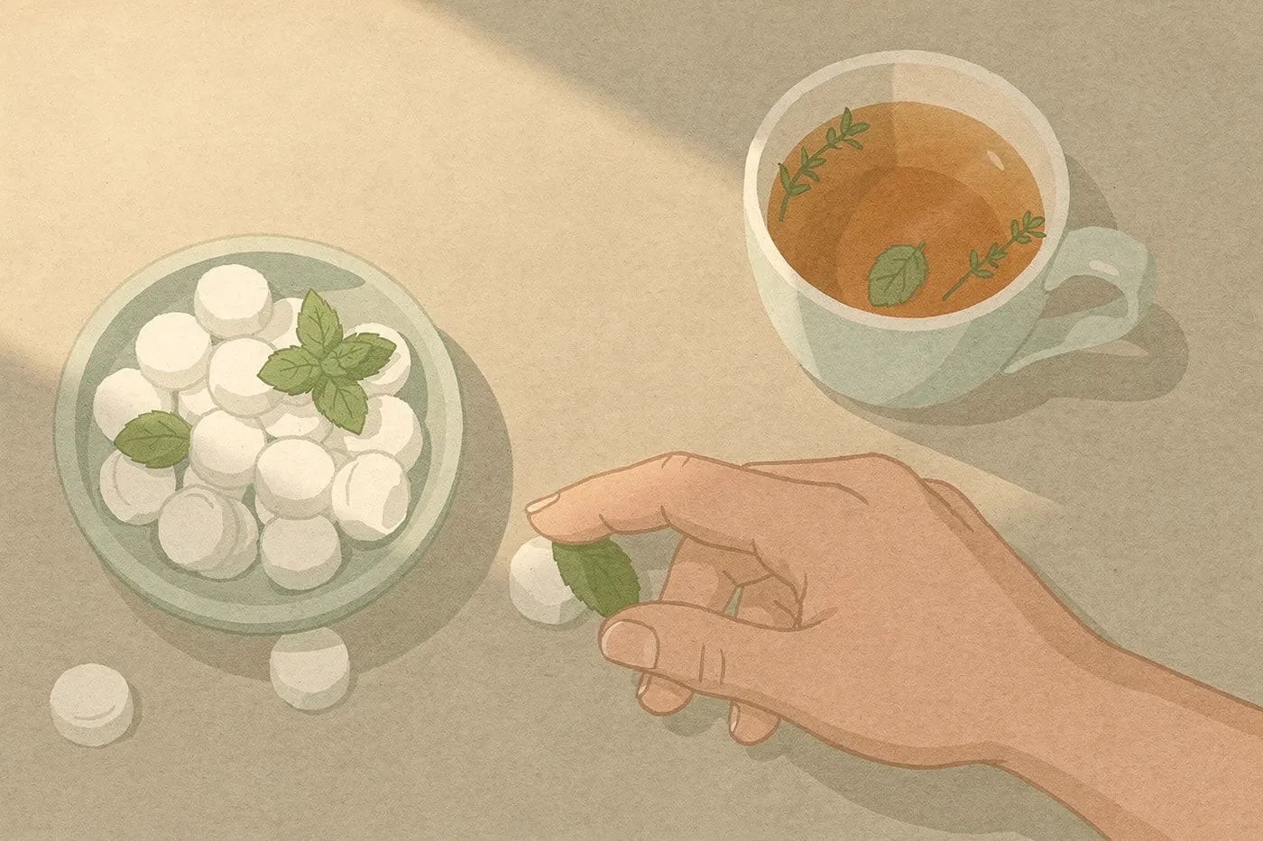 A hand reaches for a mint from a bowl on a sunlit kitchen table with a cup of herbal tea.