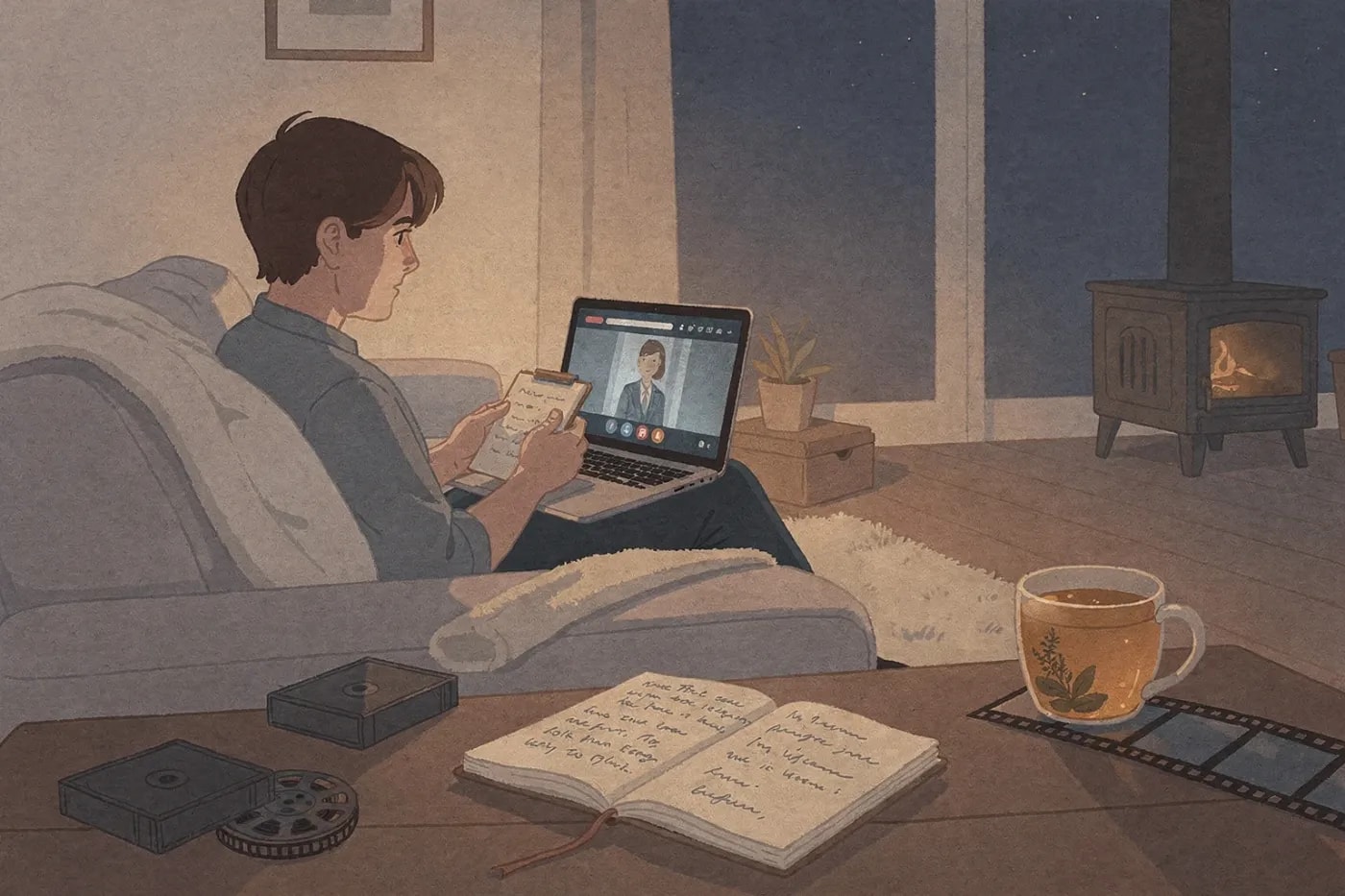 A person sits on a sofa in a cozy living room at dusk, watching a film on a laptop with a notebook, film cases, and a mug of tea nearby.