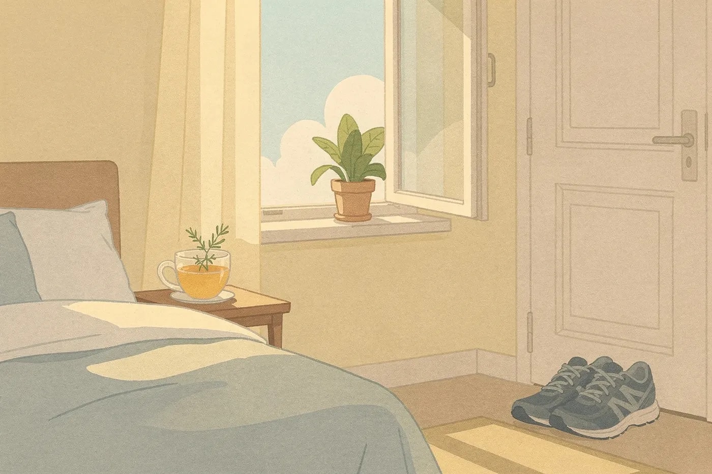 A sunlit bedroom with a tidy bed, open window, cup of tea on the bedside table, and running shoes by the door.