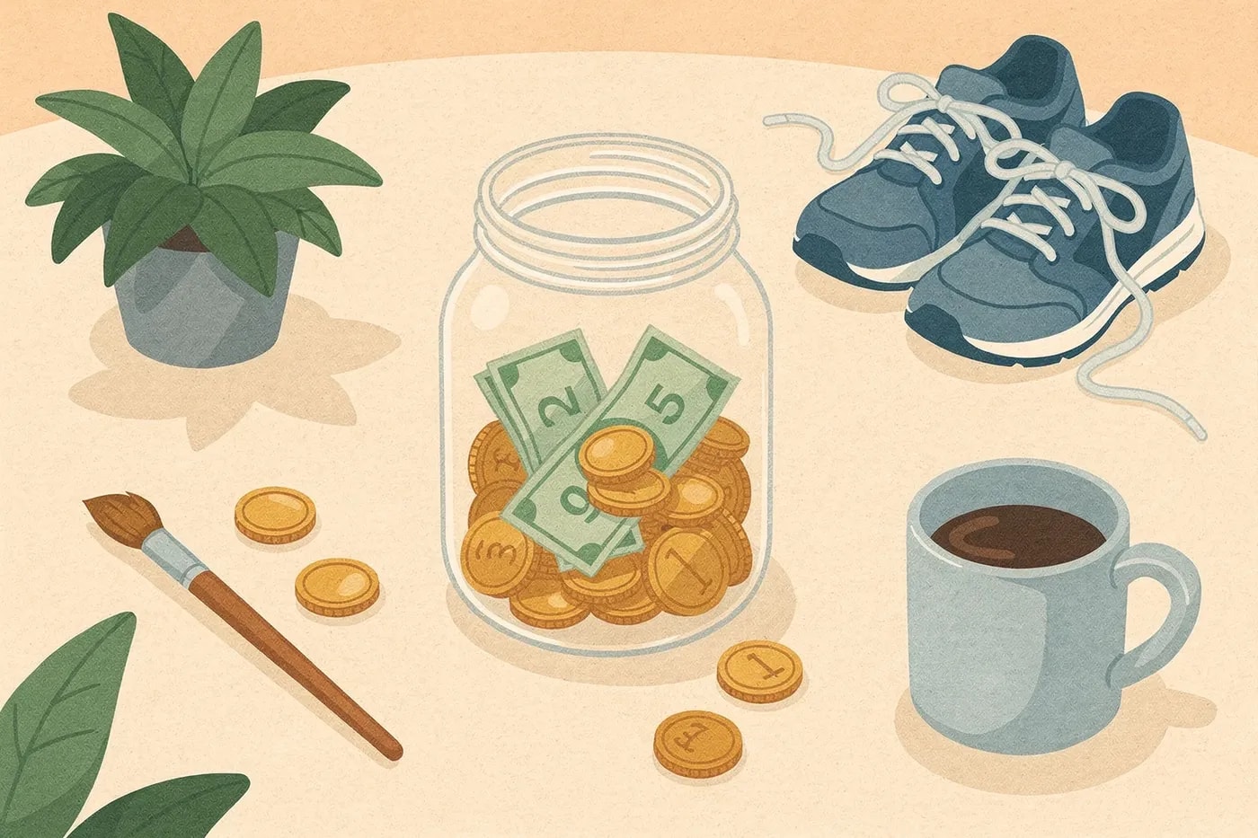 Overhead view of a glass jar with coins and bills on a home tabletop, surrounded by a houseplant, running shoes, a paintbrush, and a coffee mug.
