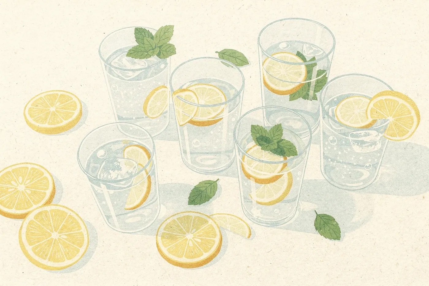 Overhead view of a kitchen counter with clear glasses of water and fruit-infused drinks surrounded by fresh citrus and mint.