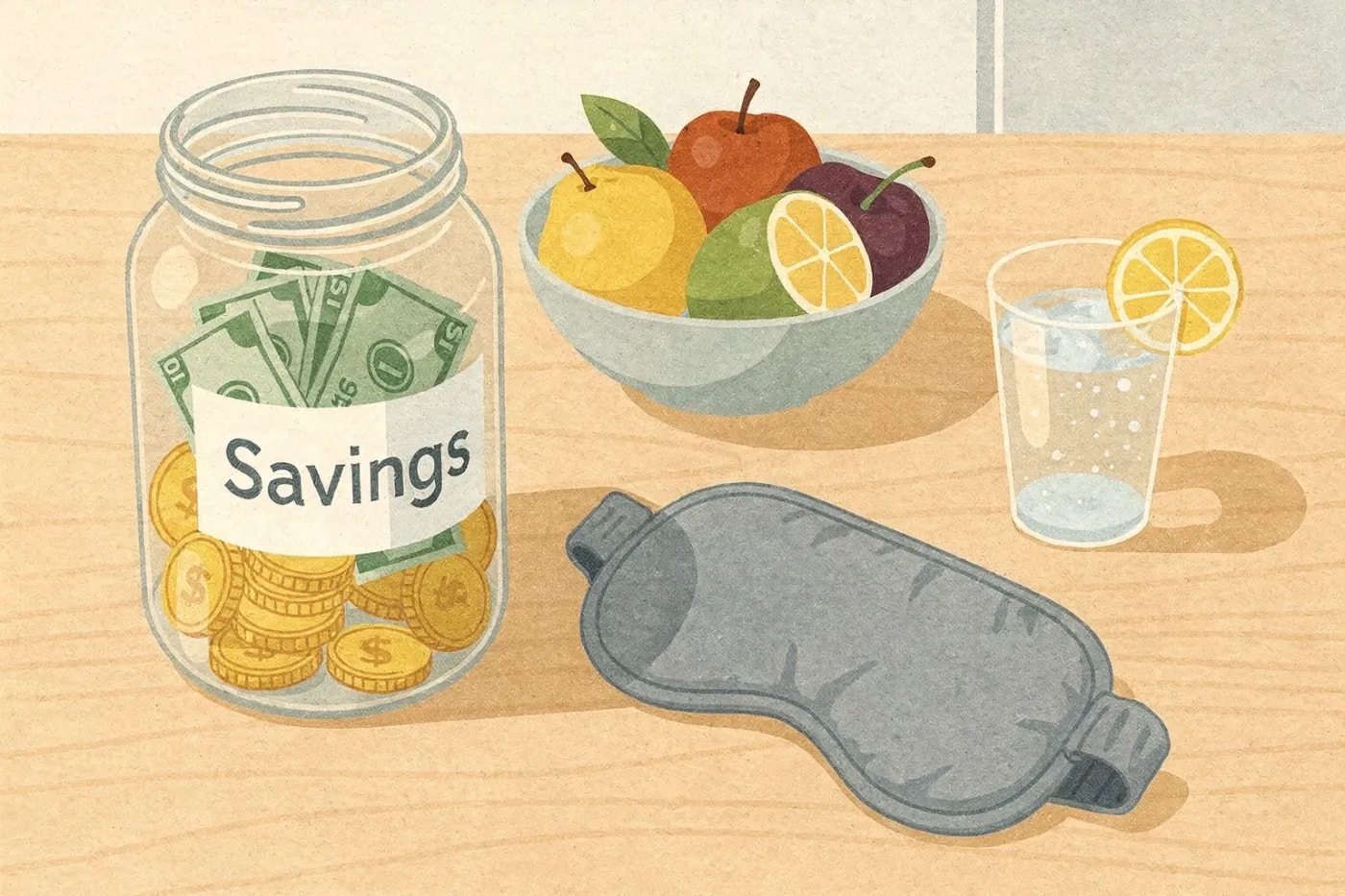 Overhead view of a kitchen countertop with a savings jar, bowl of fruit, sleep mask, and glass of sparkling water with lemon.