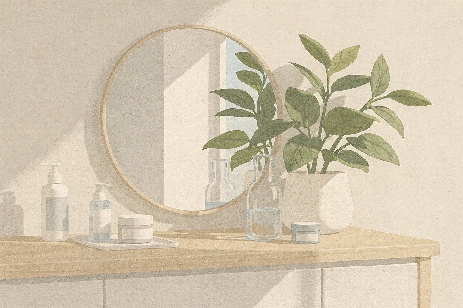 Close-up of a bathroom vanity with a round mirror, skincare products, a water carafe, and a green plant in soft natural light.