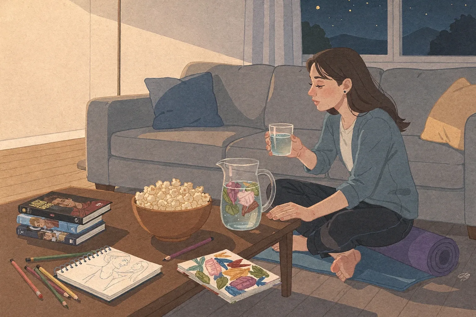 A living room scene with a coffee table holding popcorn, DVDs, a sketchbook, colored pencils, a yoga mat, and a pitcher of infused water. Soft lighting and a window showing the evening sky create a relaxed atmosphere.
