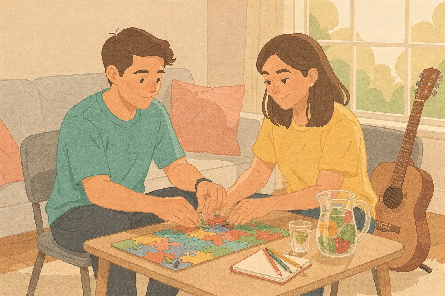 Two friends work on a jigsaw puzzle at a coffee table in a sunlit living room, with a guitar, sketchbook, and glasses of infused water nearby.