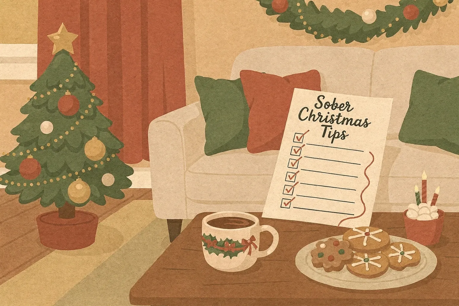 A cozy living room decorated for Christmas with a sofa, small Christmas tree, and a coffee table holding a mug of hot chocolate, holiday cookies, and a handwritten checklist.