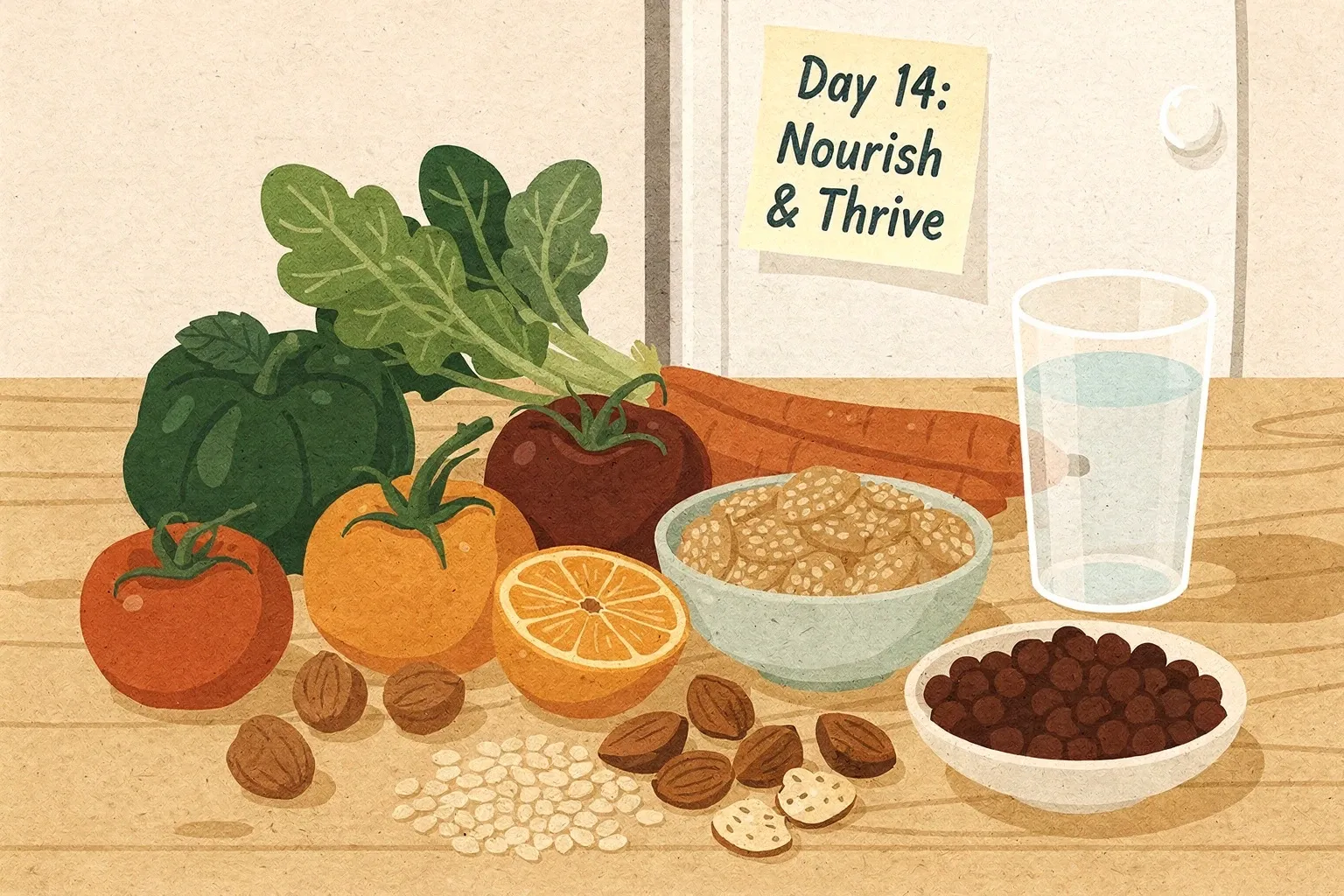 Overhead view of a kitchen counter with fresh vegetables, grains, nuts, and a glass of water, plus a sticky note on the fridge reading 'Day 14: Nourish & Thrive'.