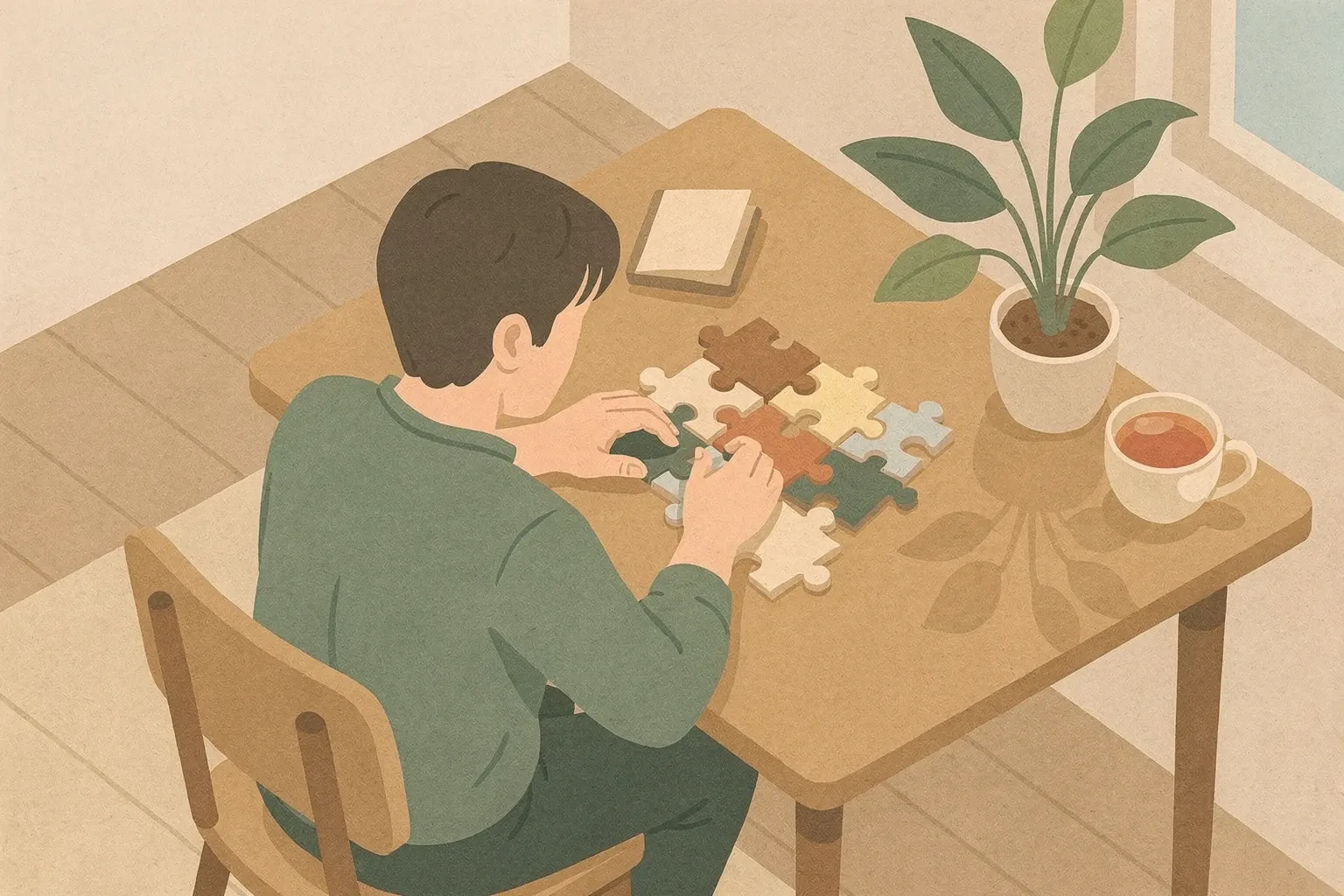 Person sitting at a desk in a cozy home, journaling with a pen, surrounded by a plant and a cup of tea