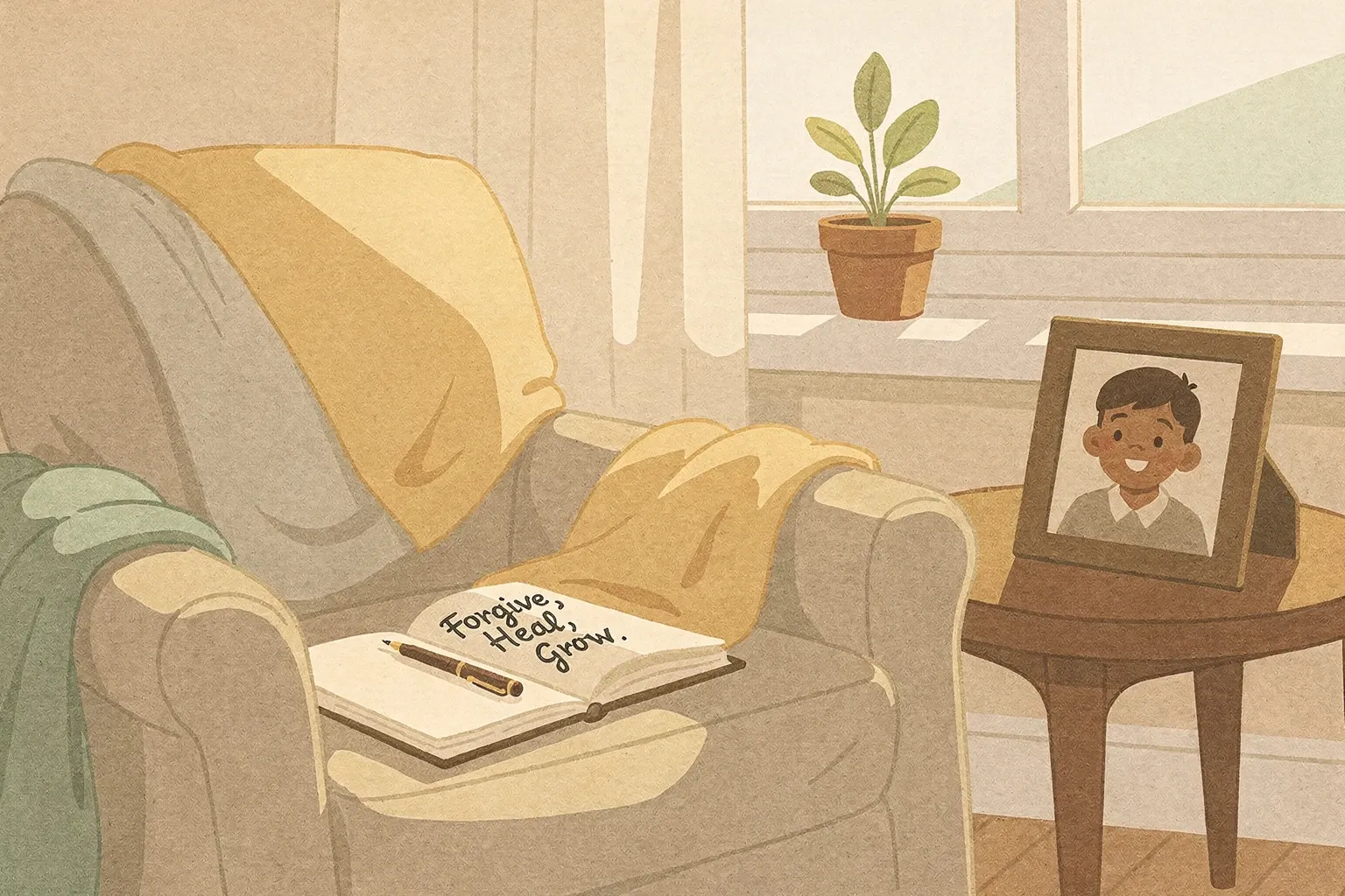 A cozy living room with an armchair, open journal with a handwritten note, framed childhood photo, sunlight, and a potted plant.