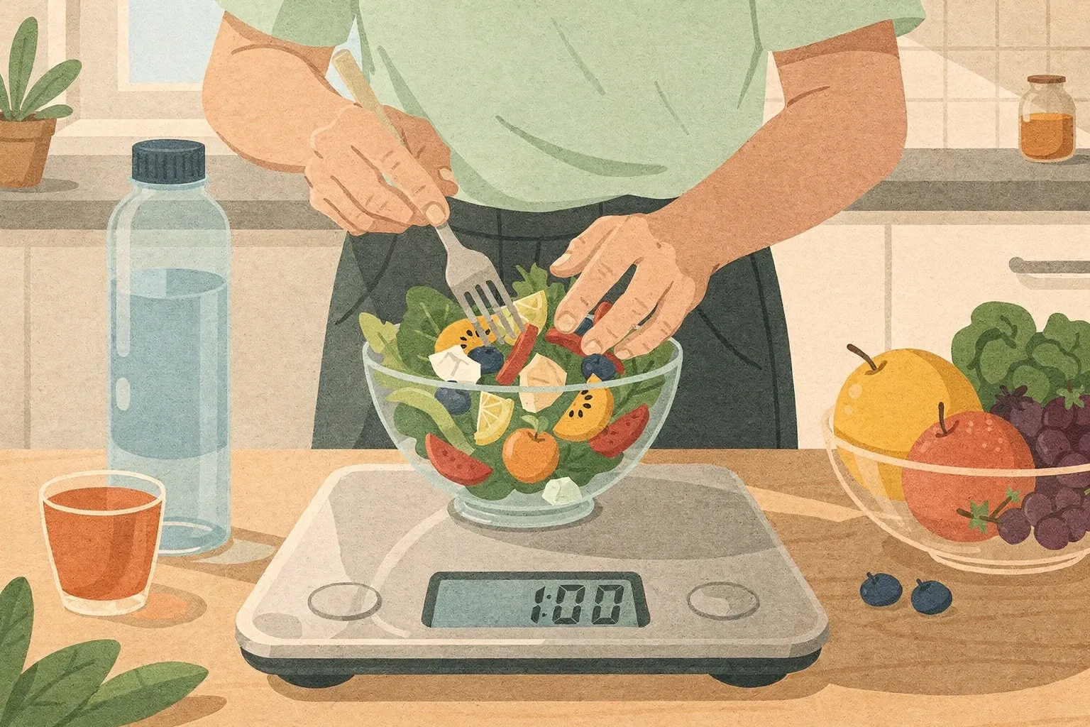 Person standing on a digital scale in a bright kitchen, preparing a salad with a bowl of fruit and a water bottle on the counter.