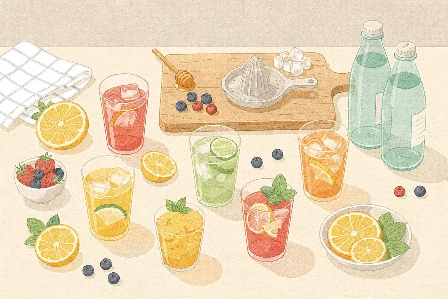 Overhead view of a kitchen countertop with several glasses of colorful non-alcoholic drinks, fresh citrus slices, berries, mint, honey, sparkling water bottles, a cutting board, juicer, bowl of ice, and a recipe card.