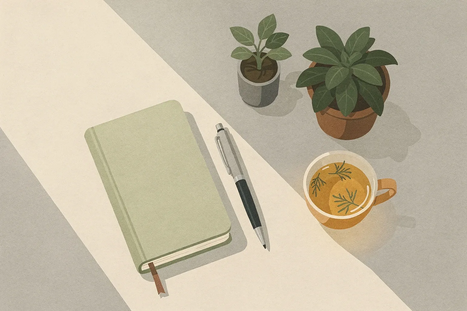 Overhead view of a tidy workspace table with a closed journal, pen, small potted plant, and a cup of tea in sunlight.
