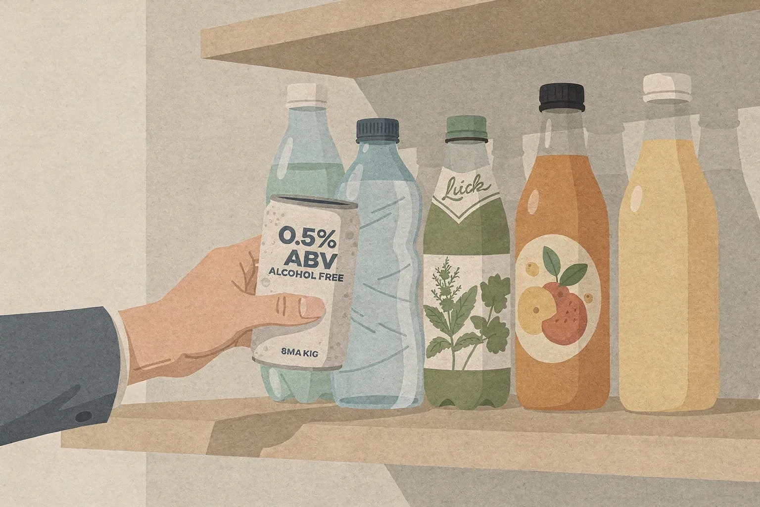A hand reaches for a labeled 0.5% alcohol-free drink on a kitchen shelf, surrounded by sparkling water, herbal tea, and juice bottles.