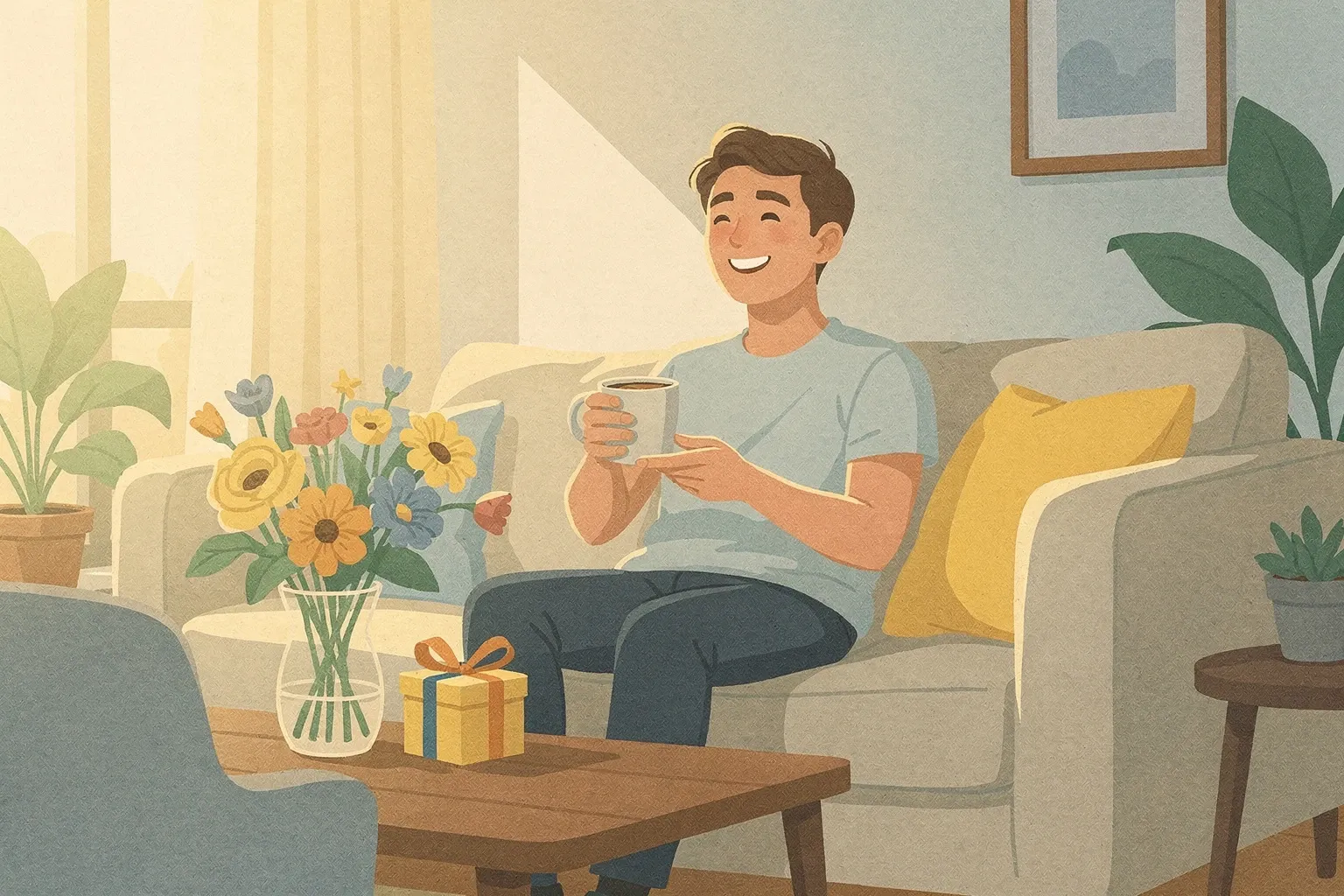 A person relaxes on a sofa in a sunlit living room, holding a mug, with flowers and a gift box on the coffee table.