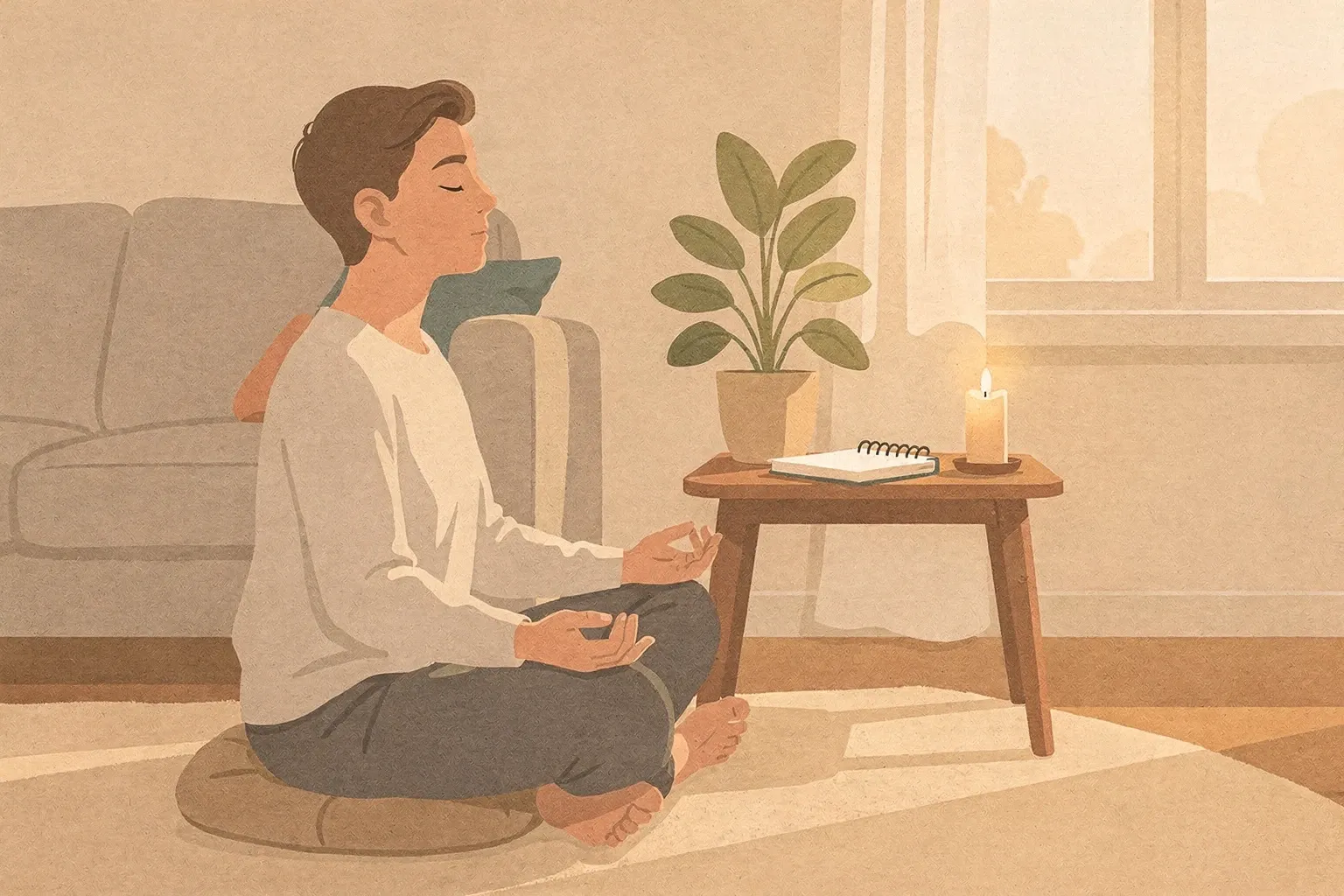 A person meditating on a cushion in a sunlit living room corner, with a candle, notebook, and plant on a nearby table.