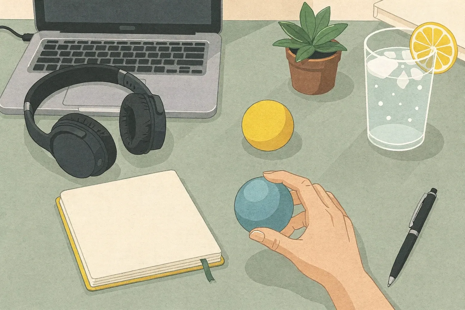 Overhead view of a tidy desk with a closed laptop, headphones, a potted plant, a stress ball, a journal with a pen, and a glass of sparkling water with lemon. A hand reaches for the stress ball.