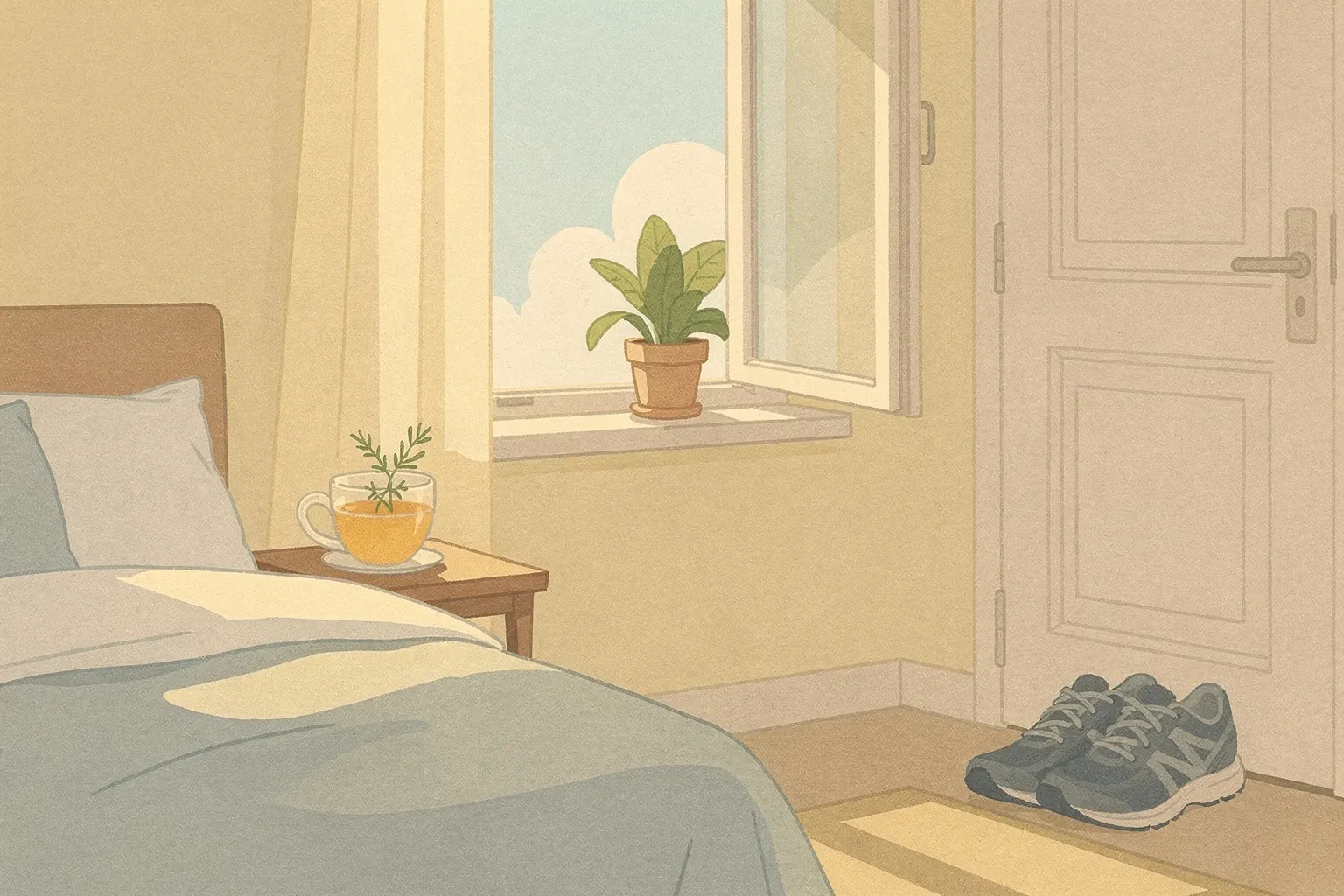 A sunlit bedroom with a tidy bed, open window, cup of tea on the bedside table, and running shoes by the door.