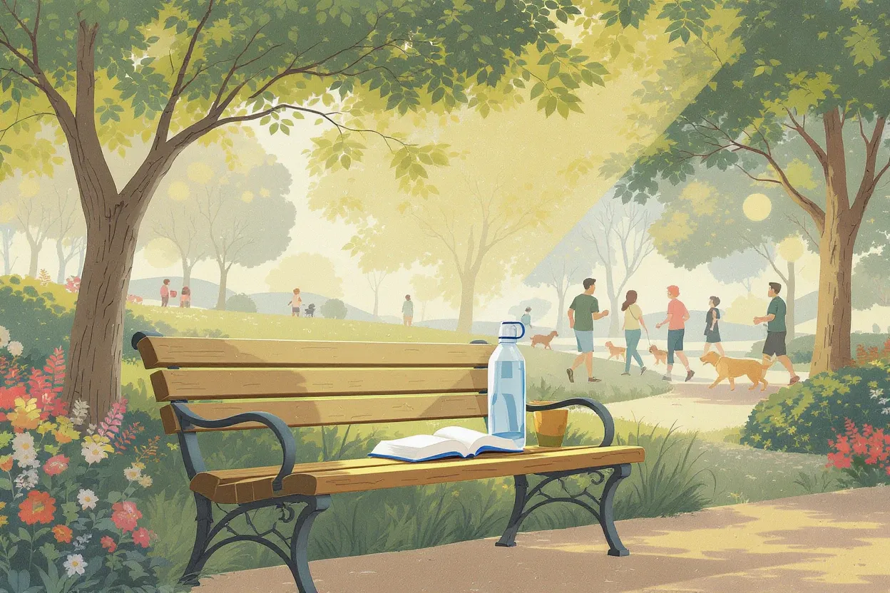 A park bench with a closed book and water bottle under leafy trees, with people jogging and walking in the background.