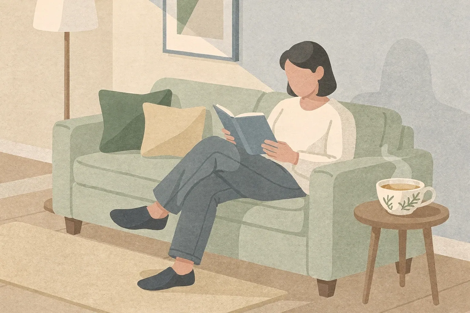 Person reading on a sofa in a peaceful living room with a cup of herbal tea on a side table.