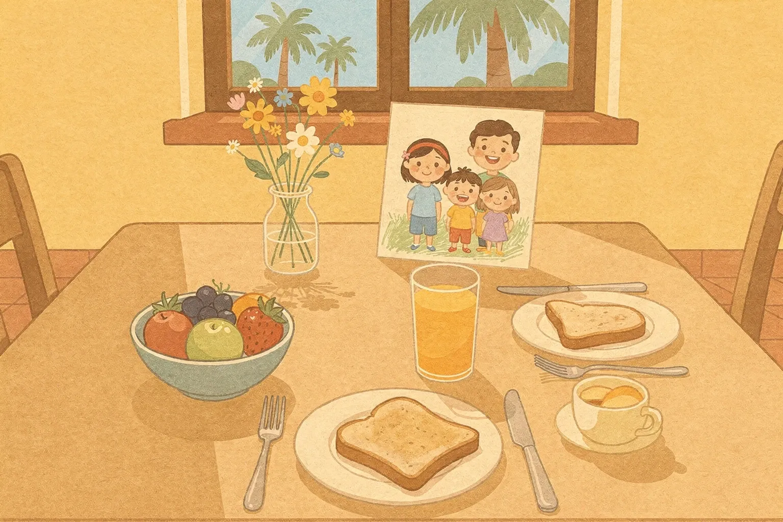 Overhead view of a breakfast table in a Spanish-style home with fresh fruit, toast, orange juice, and a child’s drawing of a smiling family beside a vase of wildflowers.