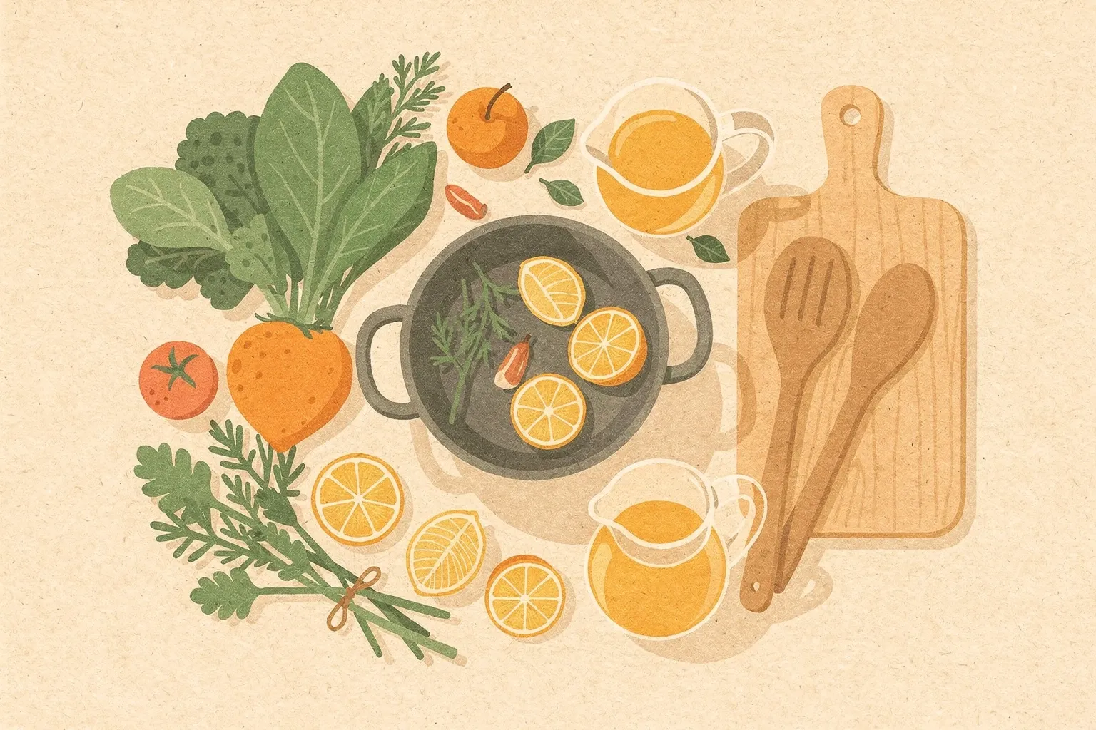 Overhead view of a kitchen countertop with fresh vegetables, herbs, citrus fruits, apple juice, and cooking utensils arranged around a pot.