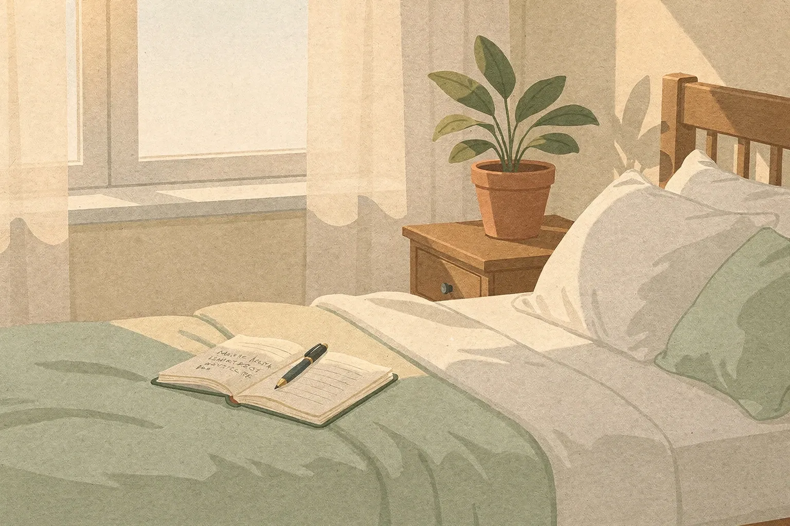 A neatly made bed with a journal and pen, a potted plant on the nightstand, and soft morning light coming through a window.