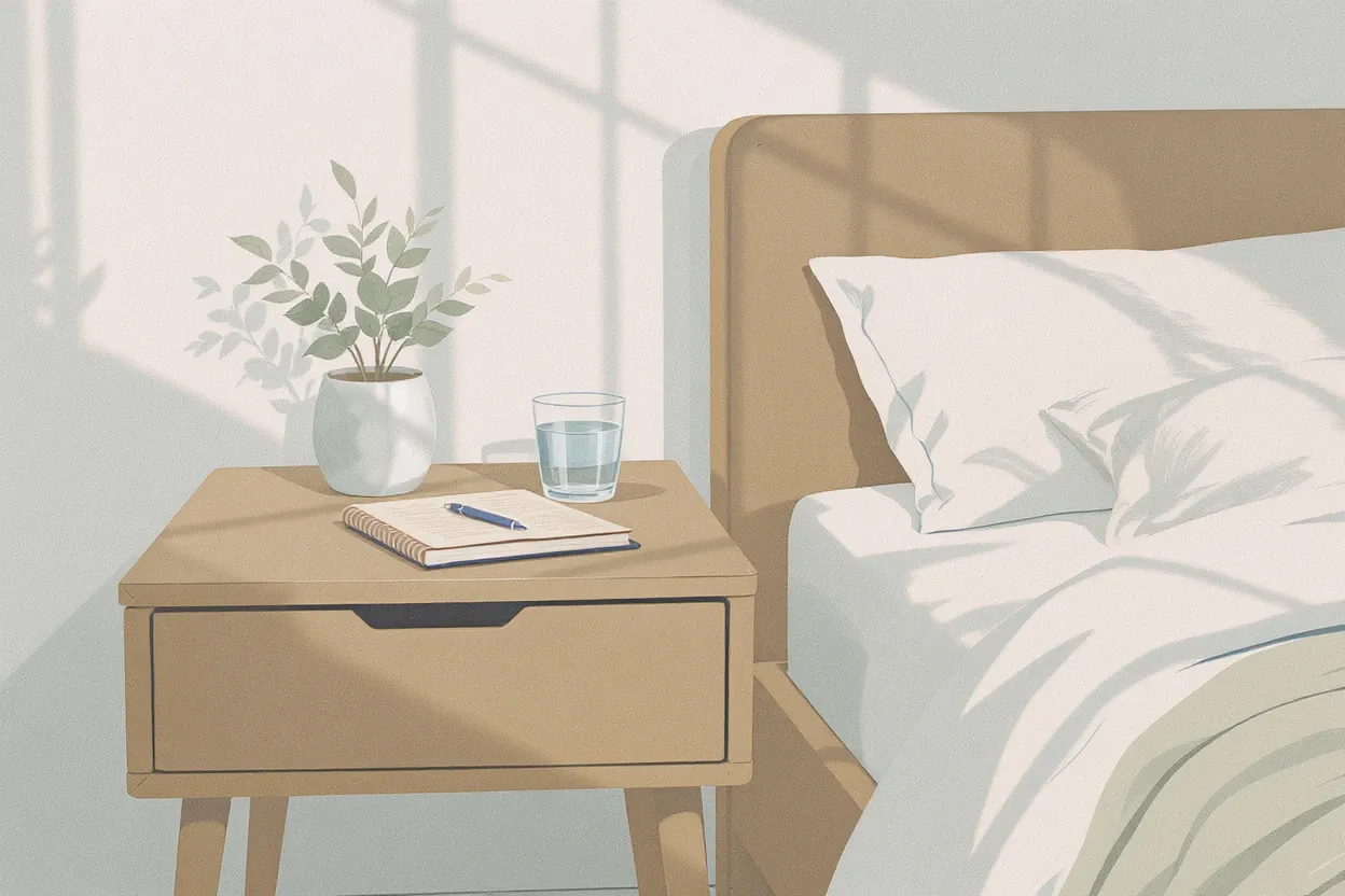 A neatly made bed with a nightstand holding a closed journal, pen, small plant, and a glass of water, all lit by gentle morning light.