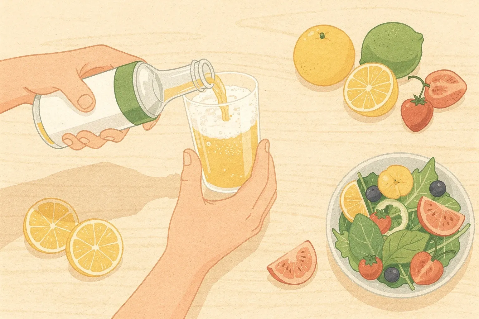 Overhead view of a kitchen countertop with a person pouring a clear alcohol-free drink into a glass, surrounded by fresh fruit and salad