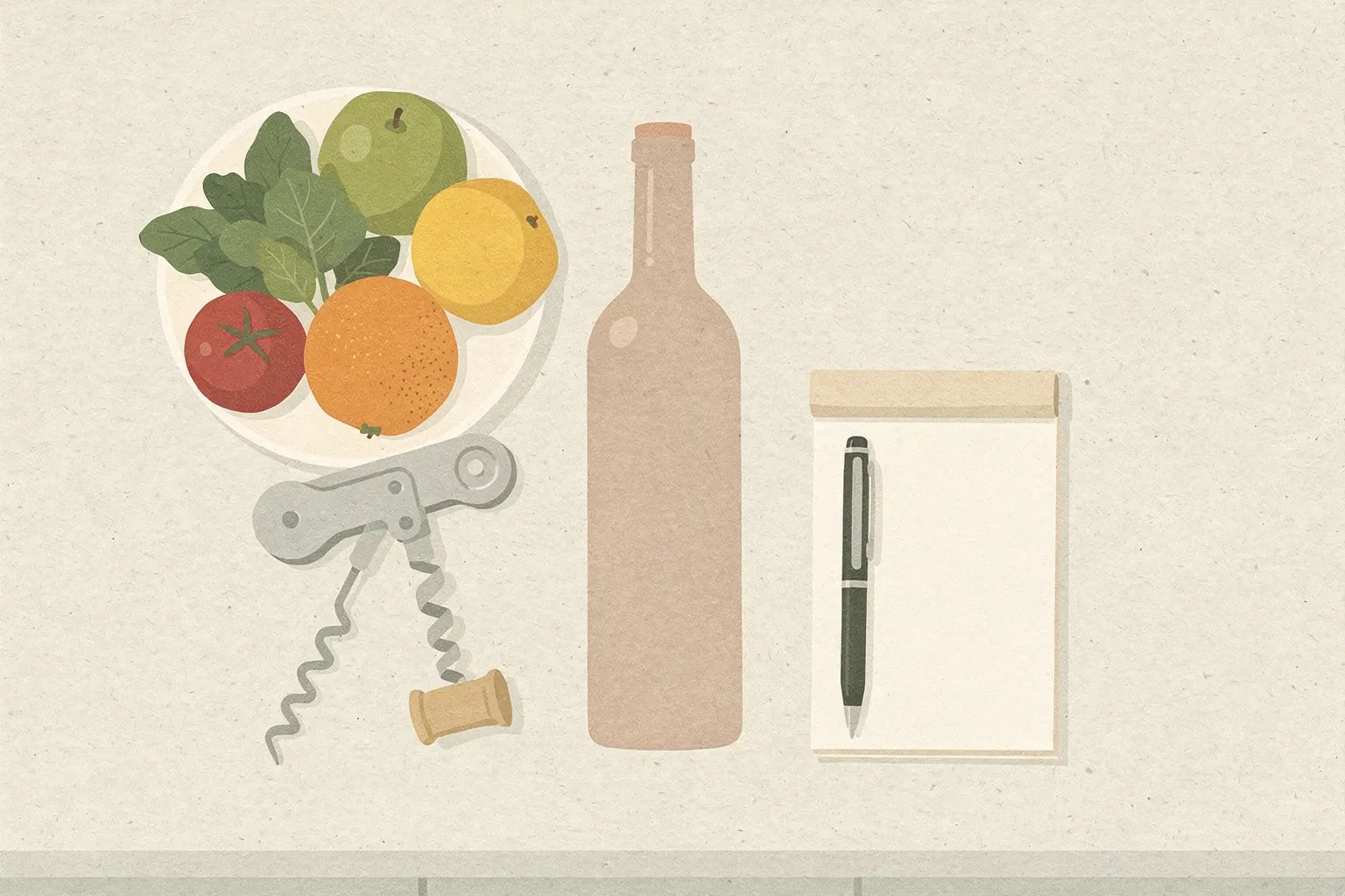 Overhead view of a kitchen counter with a carafe of water, a bowl of fresh fruit, and two empty tumblers.