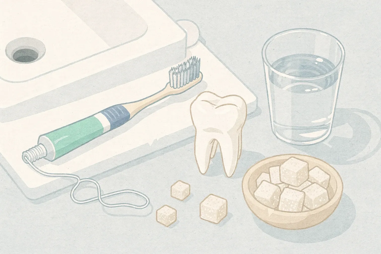 Overhead view of a bathroom sink with a toothbrush, toothpaste, dental floss, a glass of water, a white tooth model, and sugar cubes.