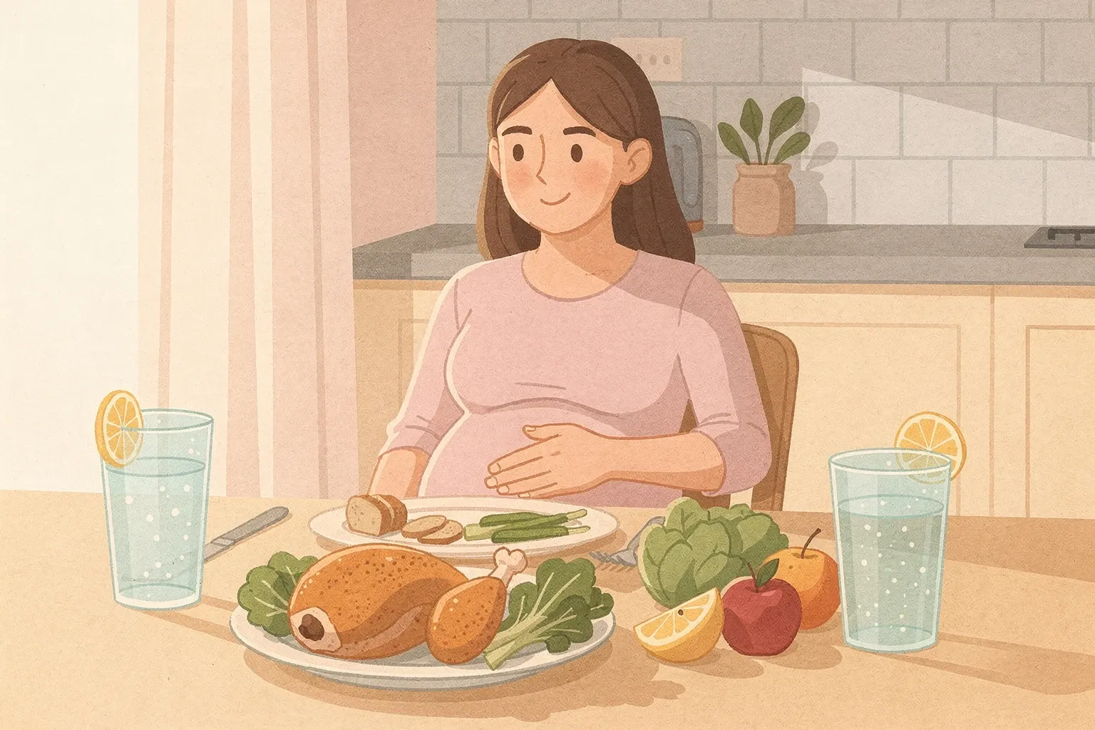 A pregnant woman sits at a kitchen table with yoghurt, fruit, cheese, and a glass of sparkling water with lemon in a bright, welcoming home setting.