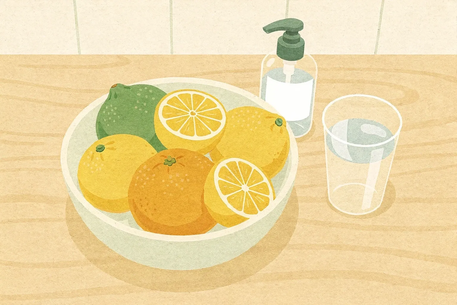 Overhead view of a kitchen countertop with citrus fruits, hand sanitizer, and a glass of water.