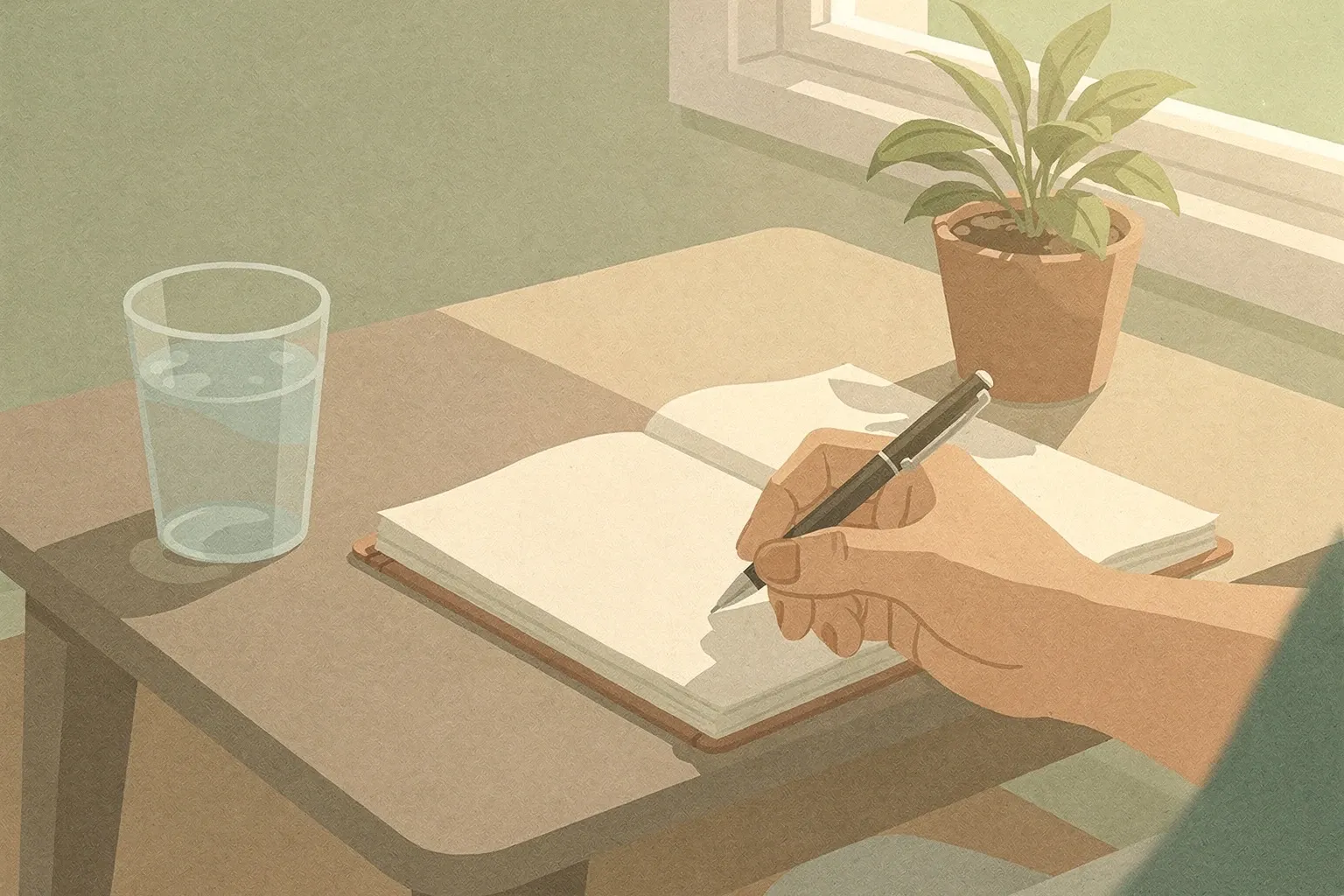 A hand reaches for a pen on a notebook beside a glass of water and a small plant on a sunlit coffee table.