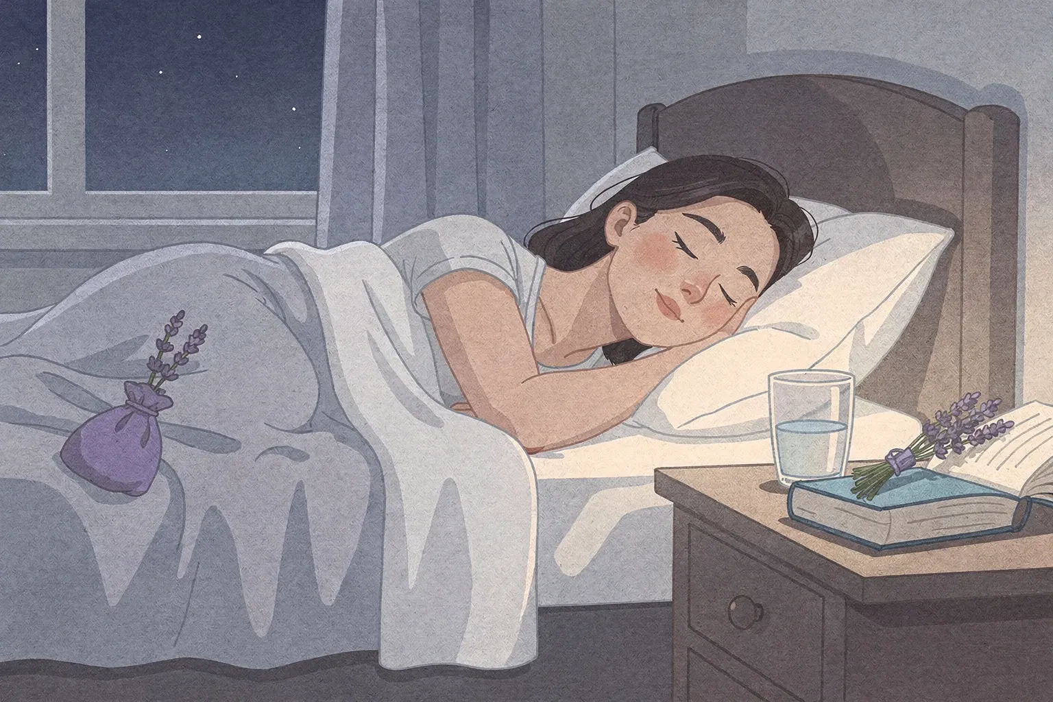 A calm bedroom at night with a person sleeping peacefully in bed. A bedside table holds a glass of water, a lavender sachet, and a closed book.